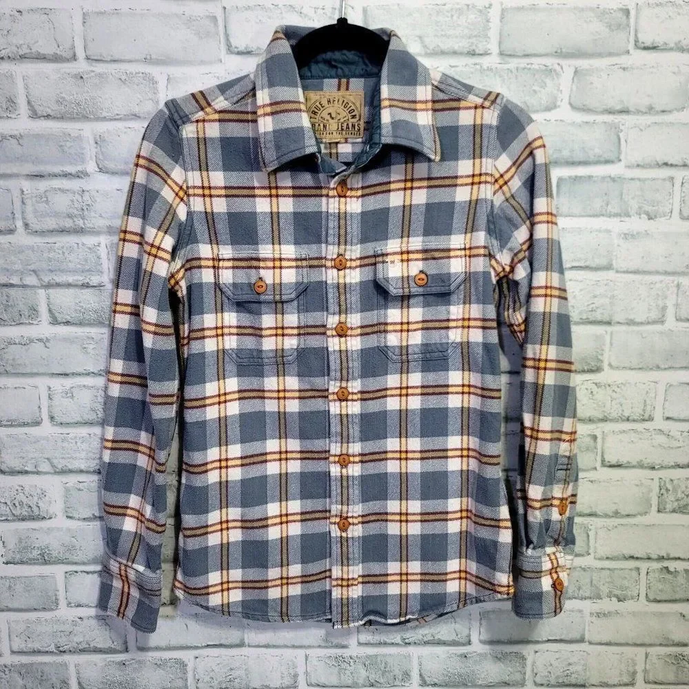 True Religion Mens XXS Indigo Grey Plaid Cotton Flannel Button Front Shirt